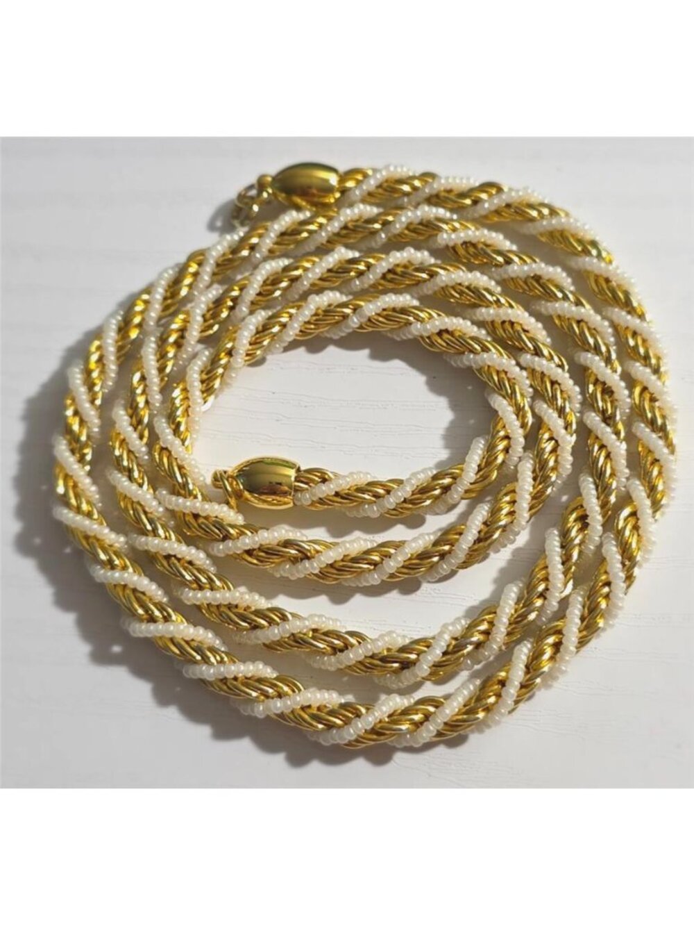 Vintage Crown Trifari Gold Tone White Seed Bead Rope Necklace 29 in